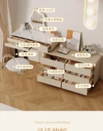 Modern wooden makeup vanity table with mirror and matching stool, featuring a storage drawer for organization