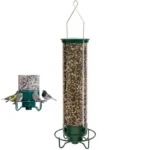 Hanging squirrel proof bird feeder in garden with a chickadee feeding