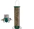 Hanging squirrel proof bird feeder in garden with a chickadee feeding