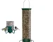 Hanging squirrel proof bird feeder in garden with a chickadee feeding
