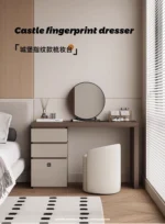 Minimalist wood dressing table with mirror and three storage drawers in modern bedroom setting
