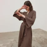 NHKDSASA Brown Robes For Women Loose Three Quarter Sleeve Nightwear Sashes Cotton Bathrobe Female Casual Sleepwear Summer