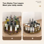 Kitchen countertop organizer with 360° rotating wooden spice rack holding oil, salt, and soy sauce bottles