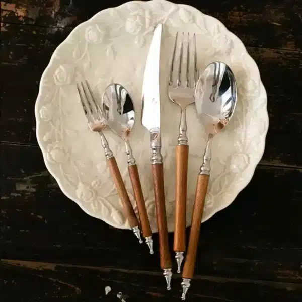 OUT OF STOCK!!! Super Quality 18/10 Stainless Steel Knife Fork Party Cutlery Set Silver Dinnerware Set Nature Wooden Handle