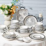 Elegant 20-piece porcelain dinnerware set arranged on a table, showcasing bowls and plates in a gift box