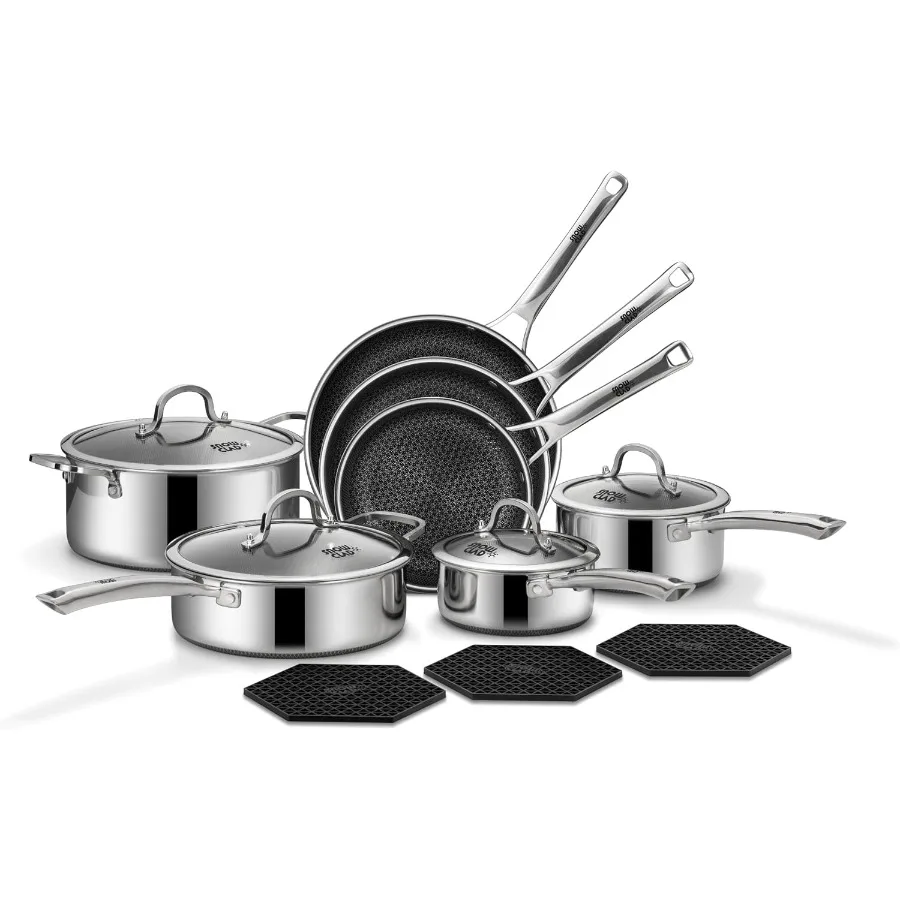 S8c1fe1a19dfd43cfbd834924f7d3744a3.webp SNOWCLAD Pots and Pans Set Non Stick 14 Pcs Hybrid Stainless Steel Cookware Sets Non Stick Frying Pans Saucepans Saute Pan and - Image 1