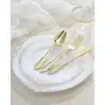 Elegant 350-Piece Gold Plastic Dinnerware Set: 100 Rimmed Plates, 150 Cutlery, 50 Napkins, 50 Cups for Parties &