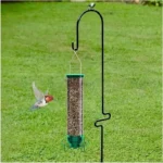 Hanging squirrel proof bird feeder in garden with a chickadee feeding