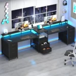 Premium 98.4 Long Computer Desk with 9 Drawers, 2 Person Gaming Desk with LED Lights & Power Outlet, Two Person Home