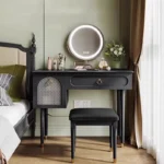 Goldoma compact vanity desk with drawer storage and mirror in a corner bedroom setting
