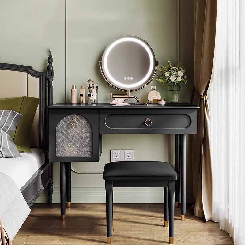 S8d5f5a3353b34422a7cd7e628459d783H-2.webp Goldoma compact vanity desk with drawer storage and mirror in a corner bedroom setting