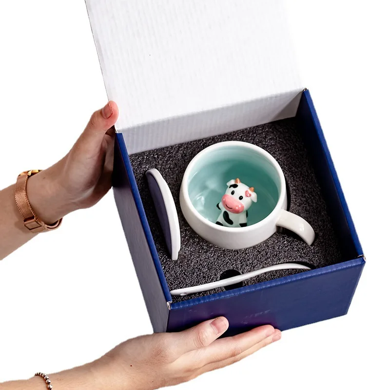 Cute 3D animal coffee mug with lid and spoon on a wooden table