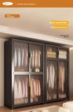 Minimalist open wardrobe closet with metal frame in a modern bedroom setting