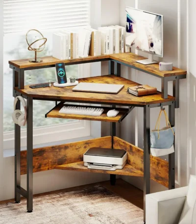 JHK Corner Desk Office Computer Desk for Small Space with LED Lights Gaming Table with Storage Shelves Power Outlets For Home
