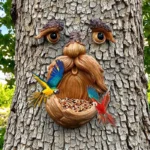 Tree Face Bird Feeder Outdoor, Eyes Glow in Dark Fun Old Man Tree Hugger Sculpture Yard Art Garden Lawn Ornament Decoration