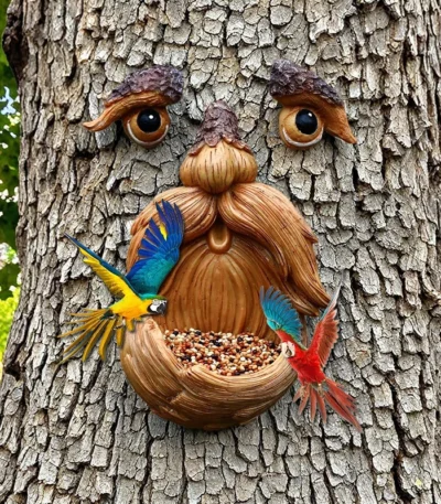 Tree Face Bird Feeder Outdoor, Eyes Glow in Dark Fun Old Man Tree Hugger Sculpture Yard Art Garden Lawn Ornament Decoration