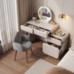 Modern cream dressing table with storage drawers and mirror in bedroom setting