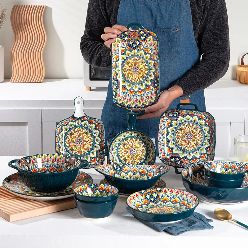 S8e2fd246862e419f985eb556d735fb5c4.webp Retro Ceramic Dinner Plates Set Bohemia Style Food Plate Household Tableware Set Breakfast Plates Salad Soup Bowls Dinnerware - Image 1