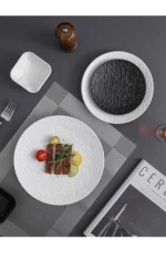 Black dish ceramic plate disc white Western restaurant tableware Barbecue grilled meat serving plate Ceramic frosted steak
