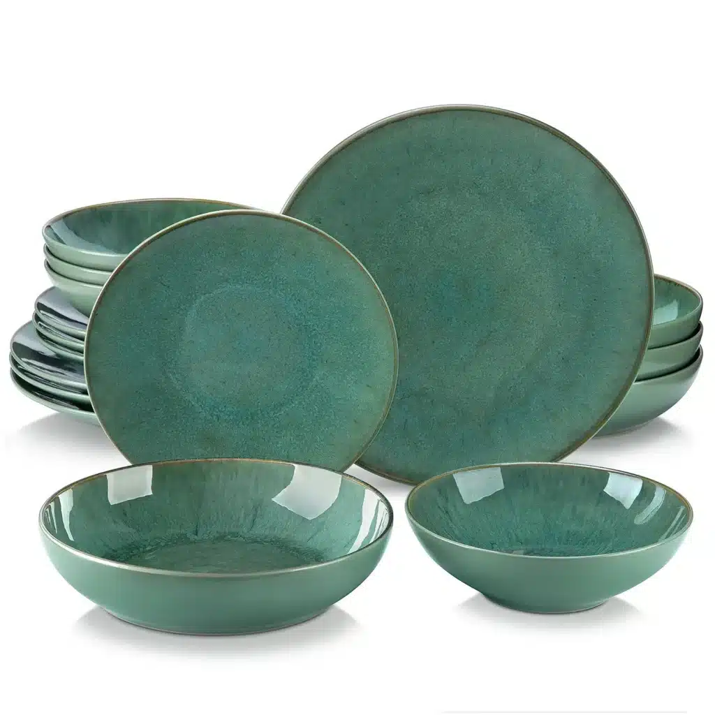 Vancasso KARST 16/32/48 Piece Green Embossed Stoneware Tableware Set with Dinner/Dessert Plate/Soup Bowl/Mug Service for