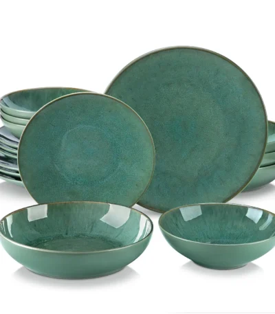 Vancasso KARST 16/32/48 Piece Green Embossed Stoneware Tableware Set with Dinner/Dessert Plate/Soup Bowl/Mug Service for