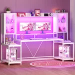 Gaming Desk 74.8'' with LED Lights, Hutch and Storage Shelves, Computer Desk with Monitor Stand, Large PC Gamer, Customized