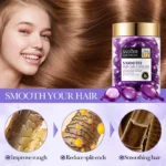 Hand squeezing Magic Hair Vitamin Capsule Keratin Oil onto palm, golden liquid visible.