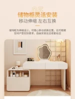 White wooden dressing table with mirror and stool in a modern bedroom setting, featuring LED lighting and organized drawers - Goldoma dressing table with mirror