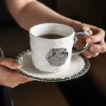 3D Camellia Embossed Ceramic Coffee Cup with Saucer Set, Luxury Mug, Vintage Floral Tea Cup 300ml, Gift for Her Home &