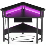 JHK Corner Desk Office Computer Desk for Small Space with LED Lights Gaming Table with Storage Shelves Power Outlets For