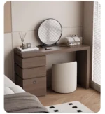 Minimalist wood dressing table with mirror and three storage drawers in modern bedroom setting