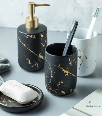 Marble Soap Dispenser Pump Bottle Ceramic Bathroom Accessory Set Home Couple Mouthwash Cup Soap Dish Washing Tools Luxury