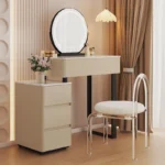Modern vanity table with mirror and storage drawers in a bedroom setting