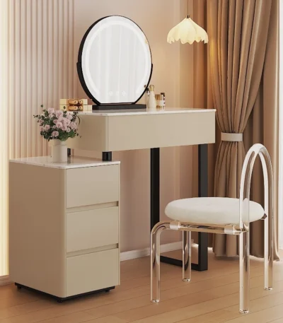 Modern vanity table with mirror and storage drawers in a bedroom setting