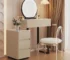 Modern vanity table with mirror featuring a white finish, three storage drawers, and a large rectangular mirror