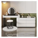 modern dressing table with mirror and stool in a bright bedroom