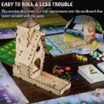 CZYY dice tower on a wooden deck with Wingspan game cards and dice scattered around.