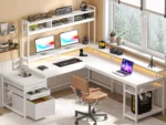 EnHomee L Shaped Computer Desk with Power Outlet & Monitor Stand & LED Gaming Desk with Hutch Drawers for Living,
