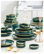 Green With Gold Inlay Quality Plates Full Set Luxury Steak Food Tray Ceramic Dinner Dish Salad Bowl Spoon Porcelain