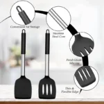 Goldoma silicone spatula set with two heat-resistant spatulas on a nonstick pan