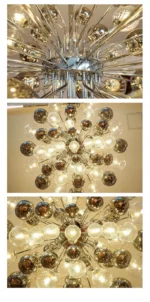 Smoky gray chandelier with glass bubbles hanging over a modern dining table