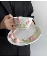 European Relief Ceramic Tulip Cup Afternoon Tea Dessert Pastry Tea Cup Painted Flowers Coffee Mug Couple's Water Cup Café