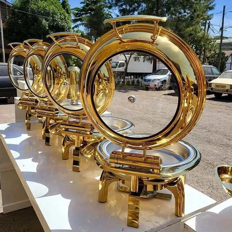 Elegant gold chafing dish set with glass lid window and hydraulic soft-close mechanism