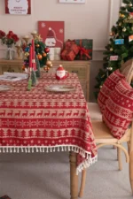 Beautiful Merry Christmas Red Jacquard Christmas Tree Bell Deer Tassel Tablecloth Tea Table Tablecloth Cover Towel