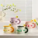 Girls Household Lovely Flower Ceramic Cup with Lid Spoon Advanced Mug Tulip Cup – side view