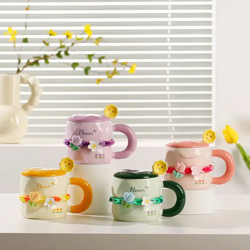 Girls Household Lovely Flower Ceramic Cup with Lid Spoon Advanced Mug Tulip Cup