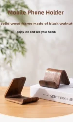 2-in-1 Solid Wood Phone Stand - Black Walnut Business Card Display Rack for Home Office Desk Decor – in a cozy room setting