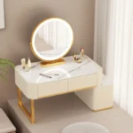 Modern minimalist dressing table with storage shelf for makeup organization in a bedroom