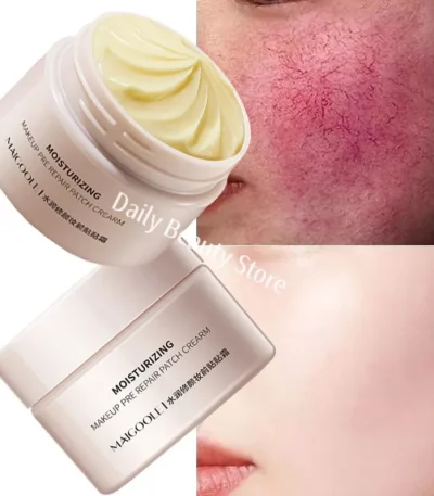 Facial redness repair cream in a white tube with red accents, on a clean bathroom counter.