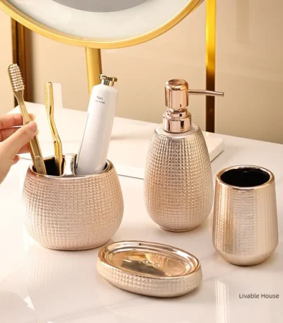 Rose gold ceramic wash bathroom Accessories set hotel bathroom wash Soap set dish lotion bottle mouth wash cup Toothbrush